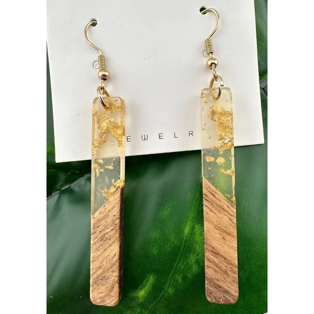 Acrylic Bar Earrings Wood Grain with Gold Leaf Boho NEW‎